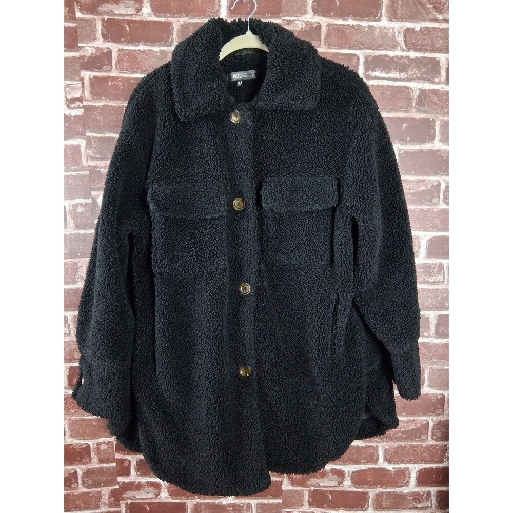 Missguided Borg Coat Jacket 6 Teddy Bear Black Oversized Long Sherpa Buttons